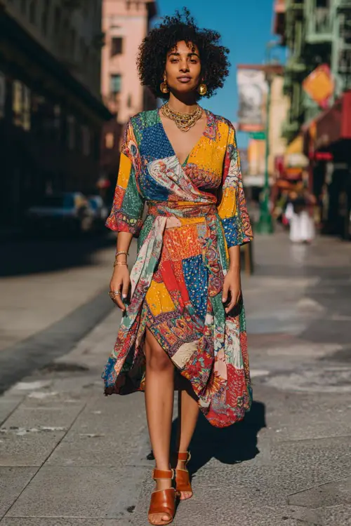 A Black woman wears a colorful boho wrap dress with vibrant patterns, paired with block heel sandals and statement jewelry 