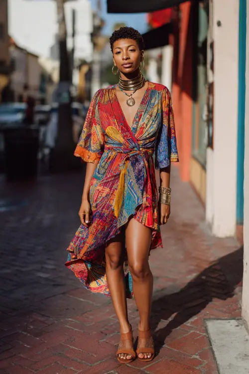 A Black woman wears a colorful boho wrap dress with vibrant patterns, paired with block heel sandals and statement jewelry
