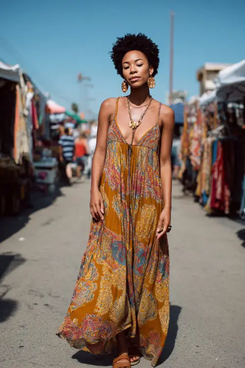 A Black woman wears a flowy boho maxi dress with warm earthy tones and bold prints, paired with flat leather sandals and statement earrings