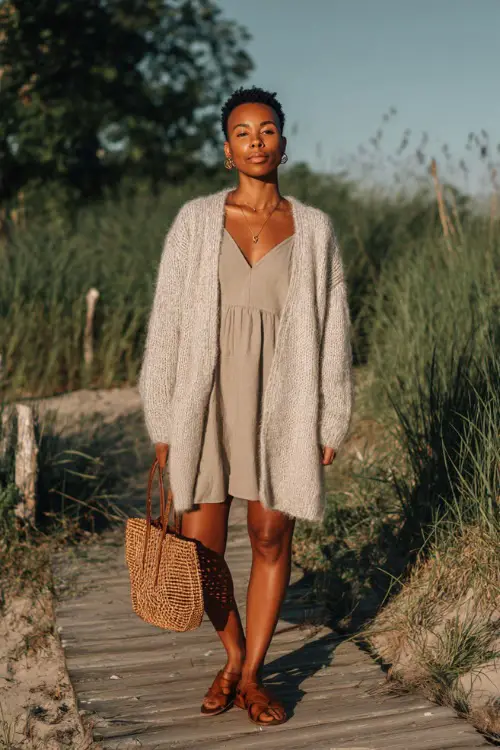 A Black woman wears a lightweight cardigan over a simple summer dress in neutral tones, styled with flat sandals and a woven bag 
