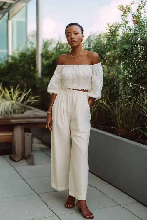 A Black woman wears a lightweight white off-shoulder blouse with embroidery paired with high-waisted wide-leg pants, styled with strappy sandals and layered gold jewelry 