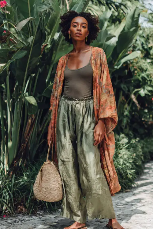 A Black woman wears a loose tank top layered with a lightweight kimono and flowy wide-leg pants, styled with flat sandals and a woven tote 