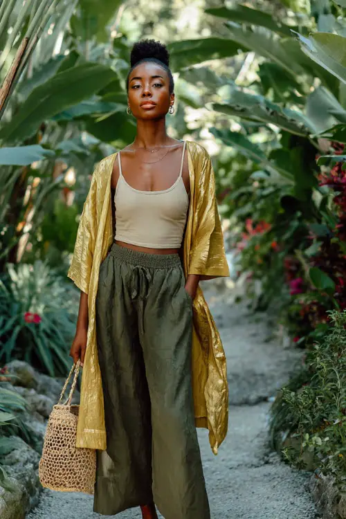A Black woman wears a loose tank top layered with a lightweight kimono and flowy wide-leg pants, styled with flat sandals and a woven tote 