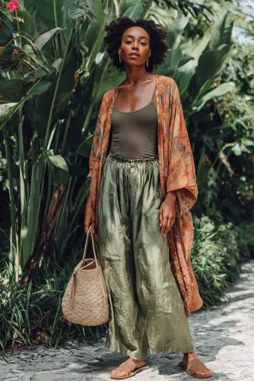 A Black woman wears a loose tank top layered with a lightweight kimono and flowy wide-leg pants, styled with flat sandals and a woven tote 
