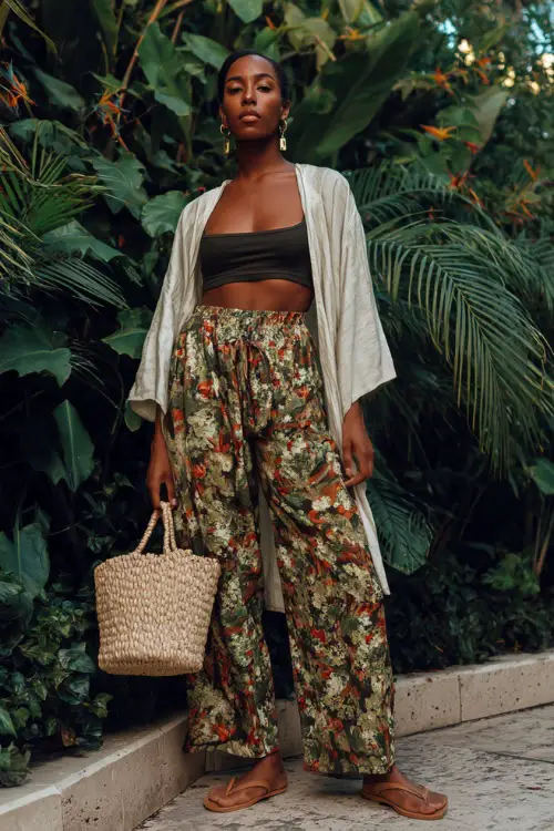 A Black woman wears a loose tank top layered with a lightweight kimono and flowy wide-leg pants, styled with flat sandals and a woven tote