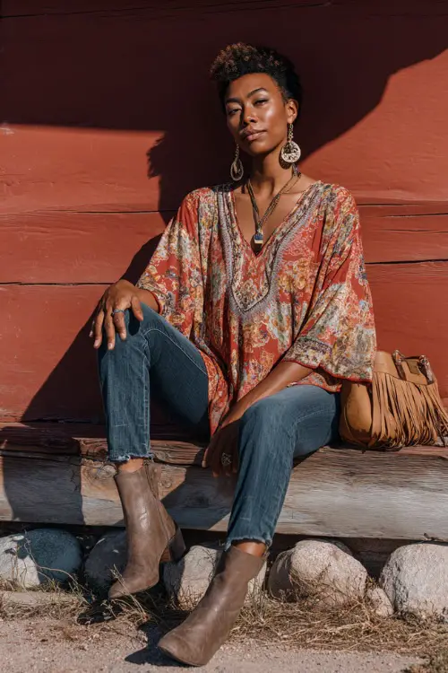 A Black woman wears a relaxed boho tunic with straight-leg jeans and ankle boots, styled with a leather handbag and bold earrings 