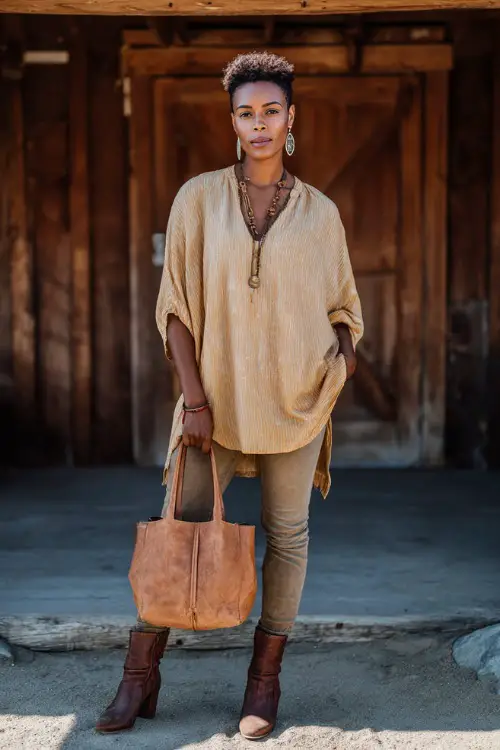 A Black woman wears a relaxed boho tunic with straight-leg jeans and ankle boots, styled with a leather handbag and bold earrings