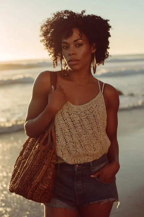 A Black woman wears a relaxed crochet top with denim shorts and leather sandals, styled with a woven bag and bold accessories 