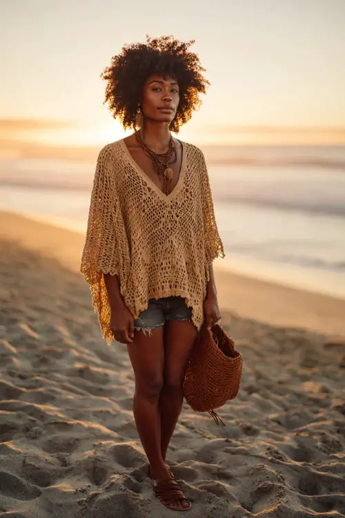 A Black woman wears a relaxed crochet top with denim shorts and leather sandals, styled with a woven bag and bold accessories