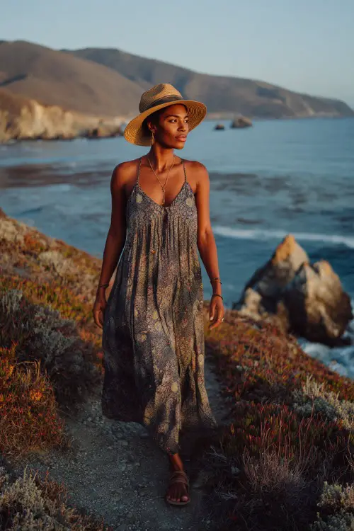 A Black woman wears a sleeveless maxi dress with subtle boho prints and a flowy silhouette, paired with comfortable sandals and a straw hat 