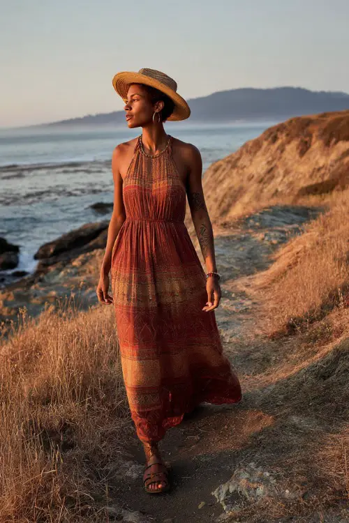 A Black woman wears a sleeveless maxi dress with subtle boho prints and a flowy silhouette, paired with comfortable sandals and a straw hat