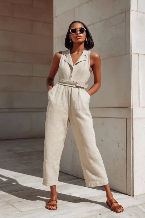 A Black woman wears a soft linen jumpsuit in a neutral tone with a cinched waist, paired with flat sandals and oversized sunglasses 