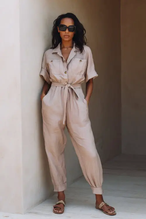 A Black woman wears a soft linen jumpsuit in a neutral tone with a cinched waist, paired with flat sandals and oversized sunglasses