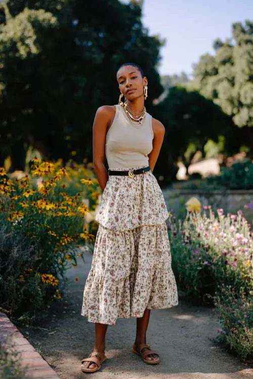 A Black woman wears a tiered boho midi skirt with a fitted top tucked in, paired with slip-on sandals and layered necklaces, standing in a sunlit park with blooming flowers