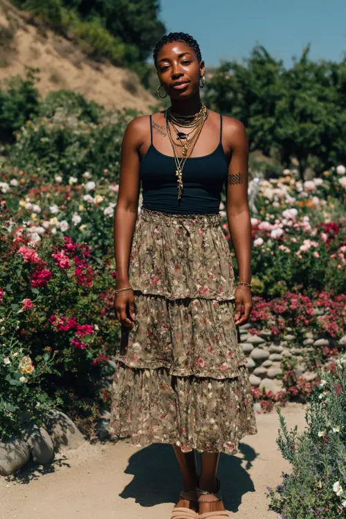 A Black woman wears a tiered boho midi skirt with a fitted top tucked in, paired with slip-on sandals and layered necklaces