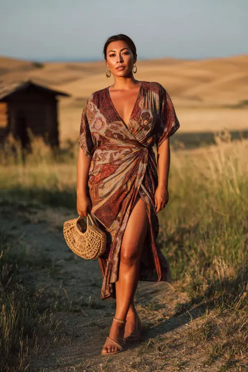 A curvy woman wears a boho wrap dress with earthy tones and a flattering silhouette, paired with block heel sandals and a woven clutch 