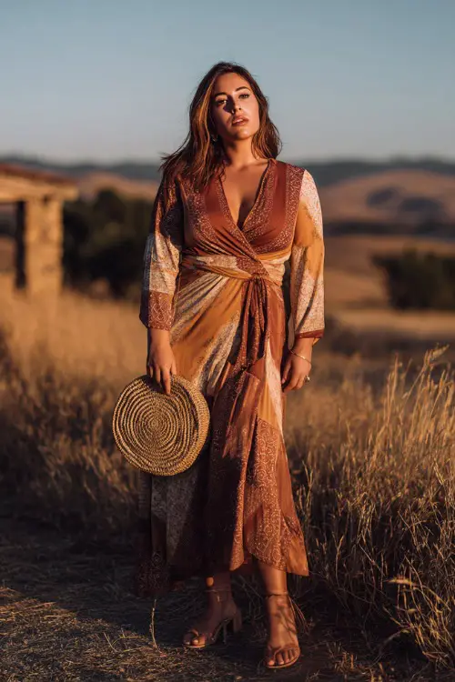 A curvy woman wears a boho wrap dress with earthy tones and a flattering silhouette, paired with block heel sandals and a woven clutch