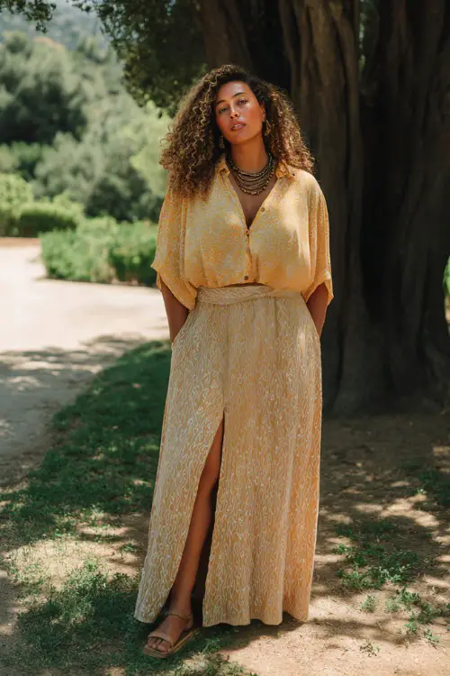 A curvy woman wears a flowy blouse tucked into a high-waisted maxi skirt with subtle patterns, paired with flat sandals and layered necklaces