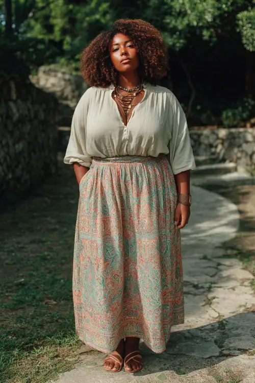 A curvy woman wears a flowy blouse tucked into a high-waisted maxi skirt with subtle patterns