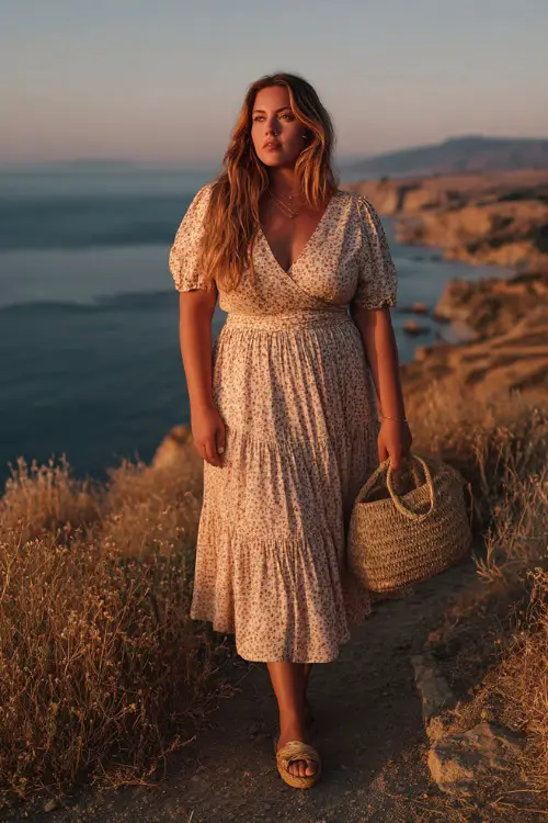A curvy woman wears a tiered midi dress with soft boho prints and short sleeves, paired with espadrille wedges and a straw bag
