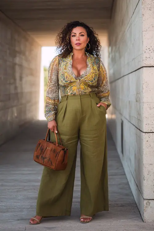 A plus-size woman over 60 wears a boho chic outfit with a fitted blouse tucked into wide-leg pants 