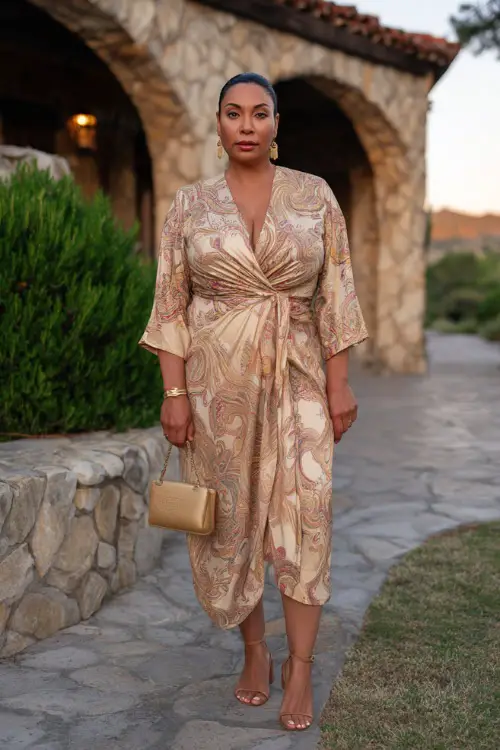 A plus-size woman over 60 wears a boho chic wrap midi dress with a defined waist and elegant structure 