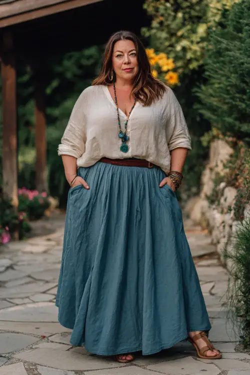 A plus-size woman over 40 wears a boho maxi skirt with a high waist and flowy silhouette paired with a tucked-in blouse 
