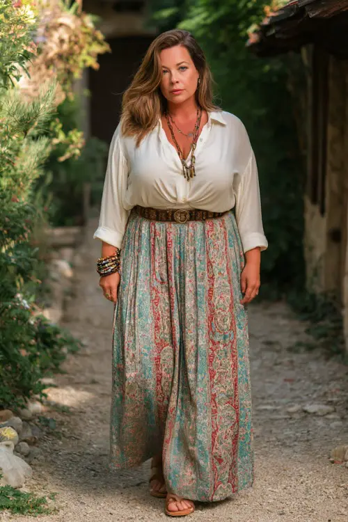 A plus-size woman over 60 wears a boho maxi skirt with a high waist and flowy silhouette paired with a tucked-in blouse