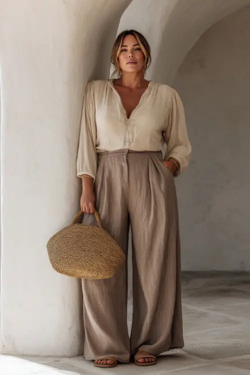 A plus-size woman over 40 wears a boho outfit with a structured blouse and flowy pants in neutral tones 