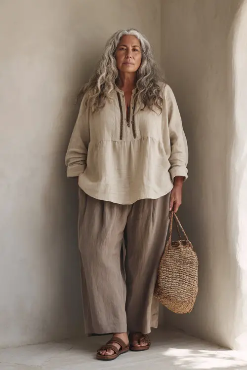 A plus-size woman over 40 wears a boho outfit with a structured blouse and flowy pants in neutral tones
