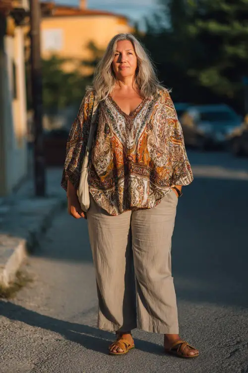 A plus-size woman over 40 wears a casual boho outfit with a loose blouse and straight-leg jeans
