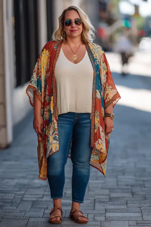 A plus-size woman over 60 wears a casual outfit with a lightweight kimono layered over a tank top and jean