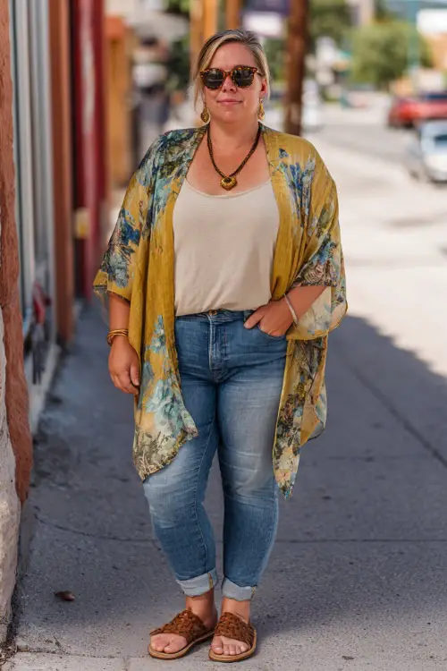 A plus-size woman over 40 wears a casual outfit with a lightweight kimono layered over a tank top and jeans 
