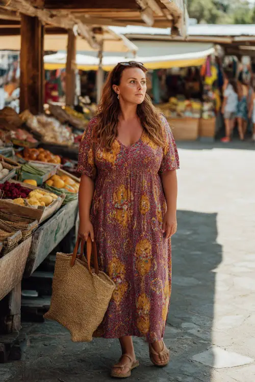 A plus-size woman over 40 wears a casual summer boho dress with soft prints and short sleeves