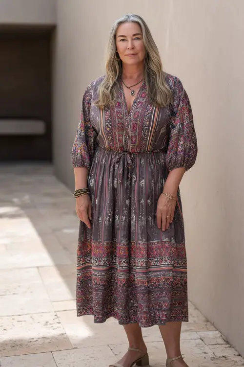 A plus-size woman over 40 wears a chic boho midi dress with subtle embroidery and a cinched waist 