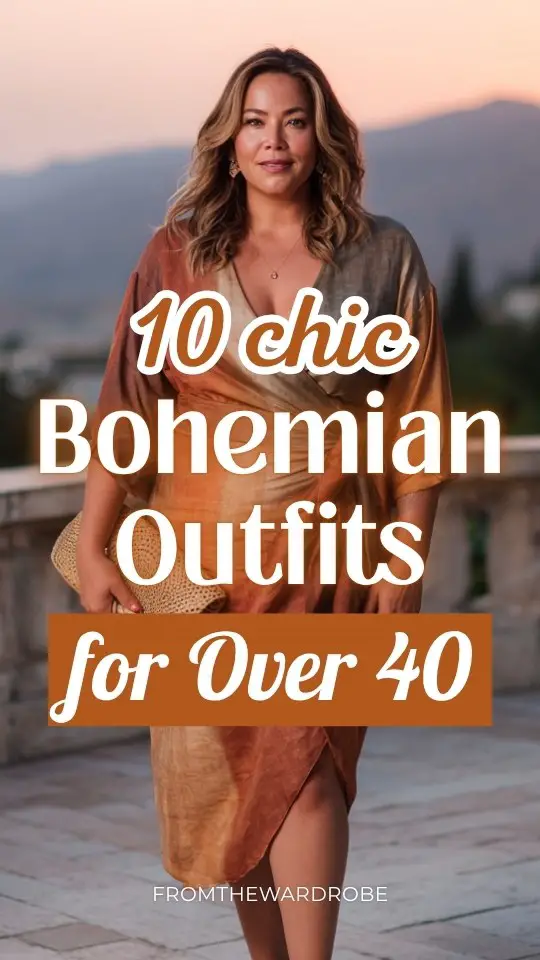 A plus-size woman over 40 wears a chic boho outfit with a lightweight wrap dress in earthy tones with a flattering silhouette