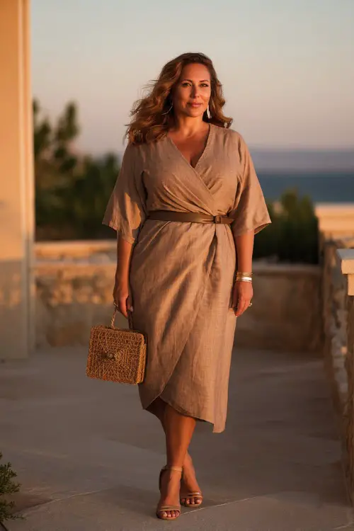 A plus-size woman over 40 wears a lightweight wrap dress in earthy tones with a flattering silhouette