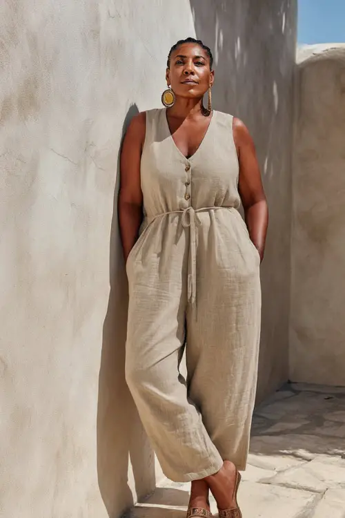 A plus-size woman over 40 wears a linen jumpsuit with a defined waist and relaxed fit 