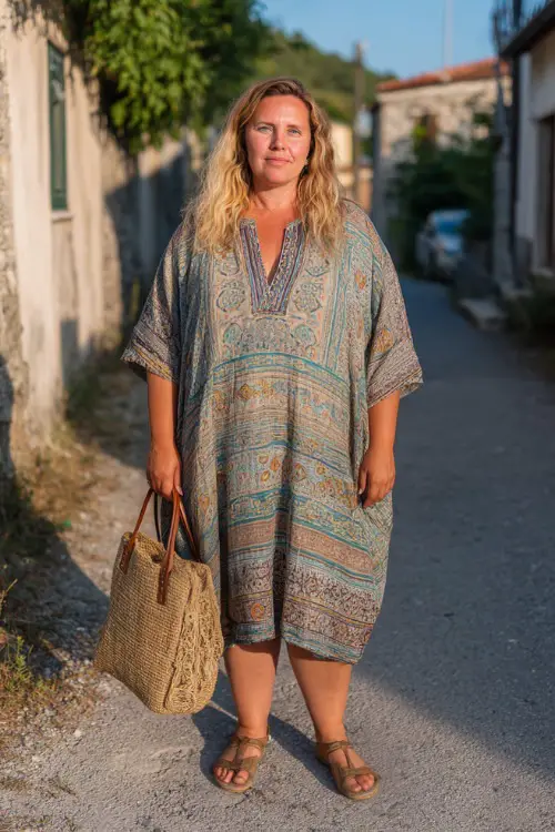A plus-size woman over 40 wears a relaxed boho tunic dress with subtle patterns, paired with flats and a woven bag