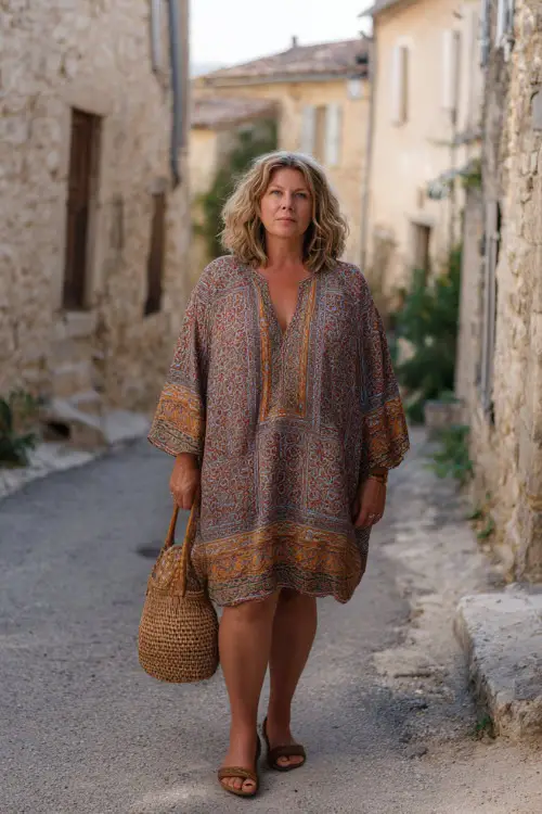 A plus-size woman over 40 wears a relaxed boho tunic dress with subtle patterns