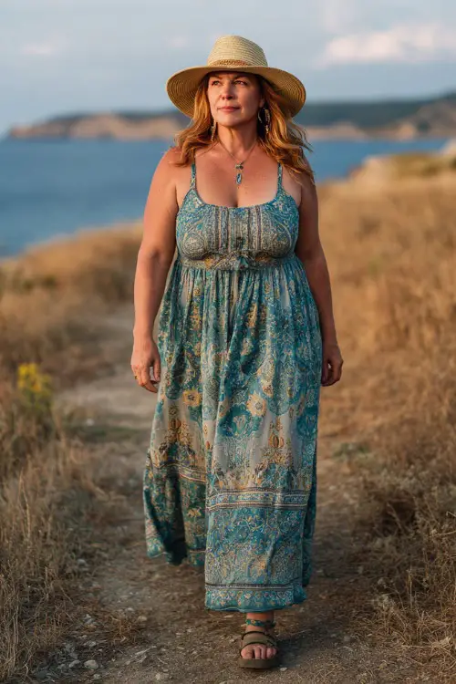 A plus-size woman over 60 wears a sleeveless boho maxi dress with soft movement and breathable fabric 
