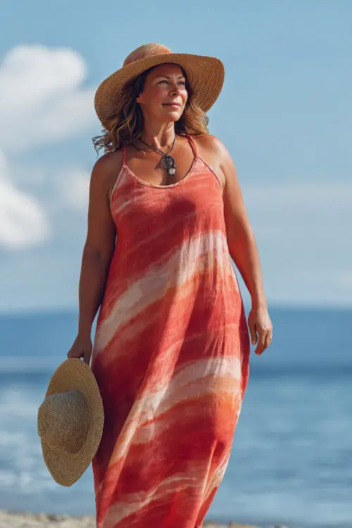 A plus-size woman over 40 wears a sleeveless summer maxi dress with breathable fabric and soft movement 