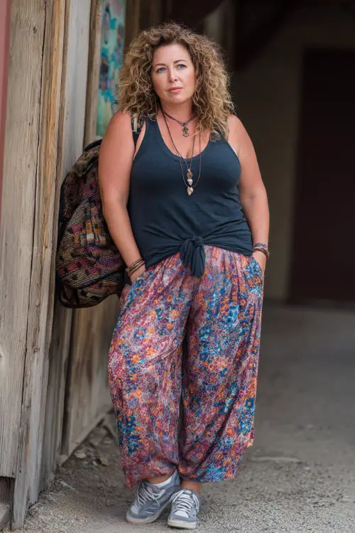 A plus-size woman over 40 wears a sporty boho outfit with a relaxed tank top, flowy pants