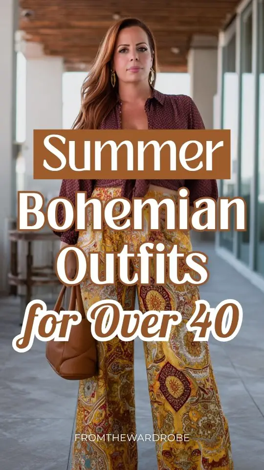 A plus-size woman over 40 wears a summer boho outfit with a fitted blouse tucked into wide-leg pants