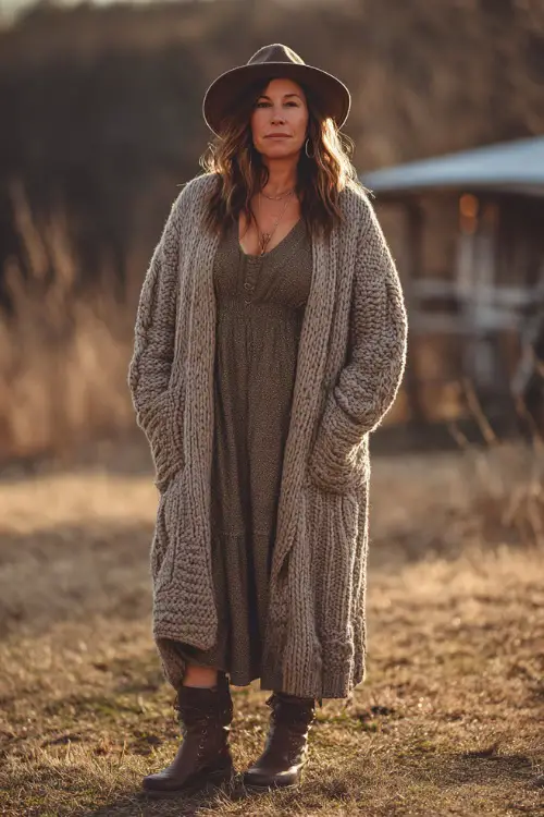 A plus-size woman over 60 wears a winter boho outfit with a long knit cardigan over a midi dress 