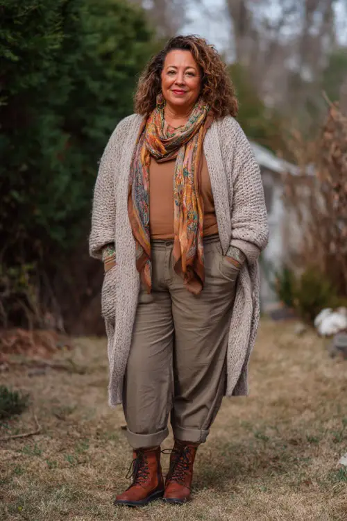 A plus-size woman over 60 wears a winter casual boho outfit with a long cardigan, fitted top, and straight-leg pants 