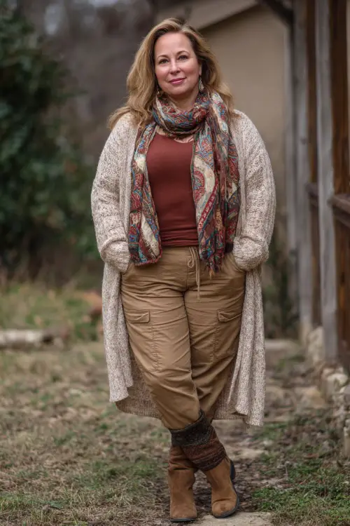 A plus-size woman over 40 wears a winter casual boho outfit with a long cardigan, fitted top, and straight-leg pants
