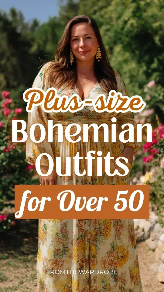 A plus-size woman over 50 wears a boho outfit with a flowy boho maxi dress with a defined waist and soft floral prints