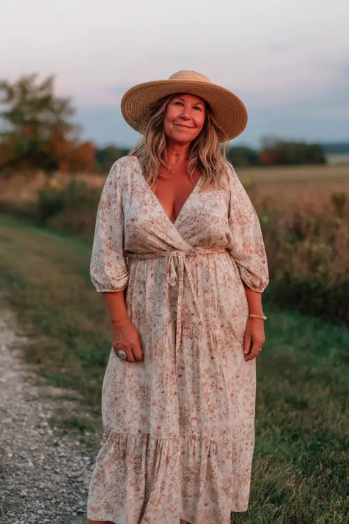 A plus-size woman over 50 wears a breezy boho maxi dress with soft neutral tones and a flattering shape 