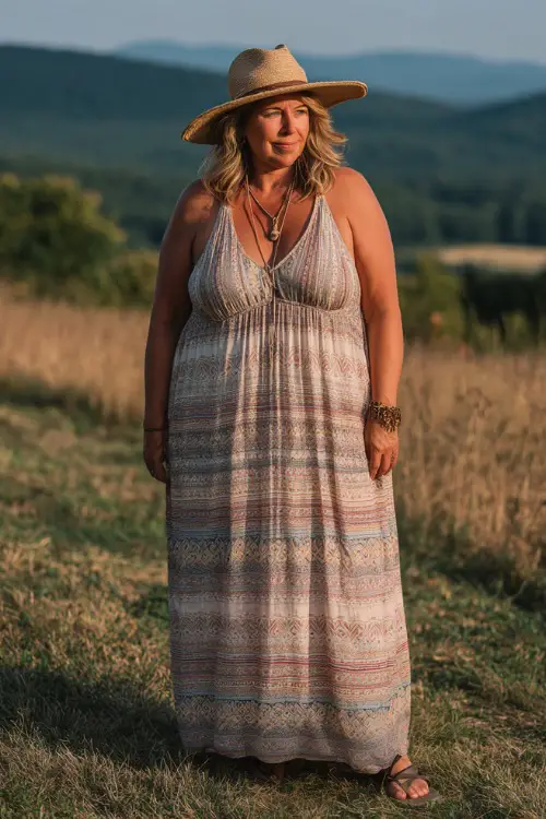 A plus-size woman over 50 wears a breezy boho maxi dress with soft neutral tones and a flattering shape